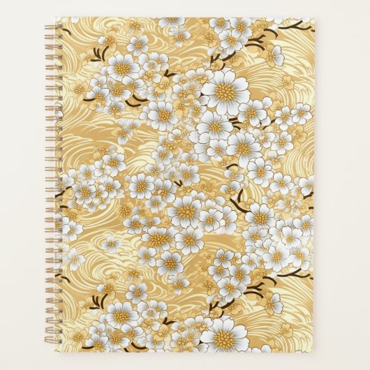 Witte Bloesem op Gouden Swirls Chiyogami Planner (Voorkant)