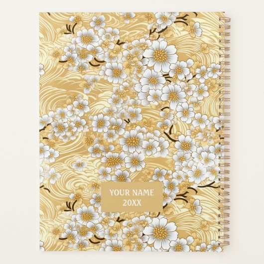 Witte Bloesem op Gouden Swirls Chiyogami Planner (Achterkant)