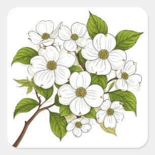 Witte bloesemcluster van de kornoelje op een tak vierkante sticker