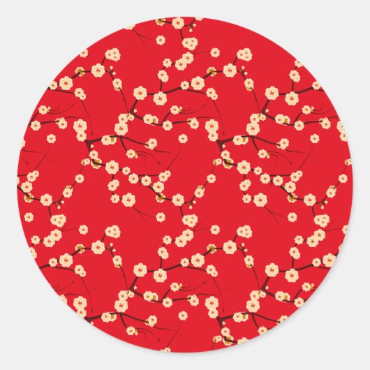 Witte bloesems op rood ronde sticker (Voorkant)