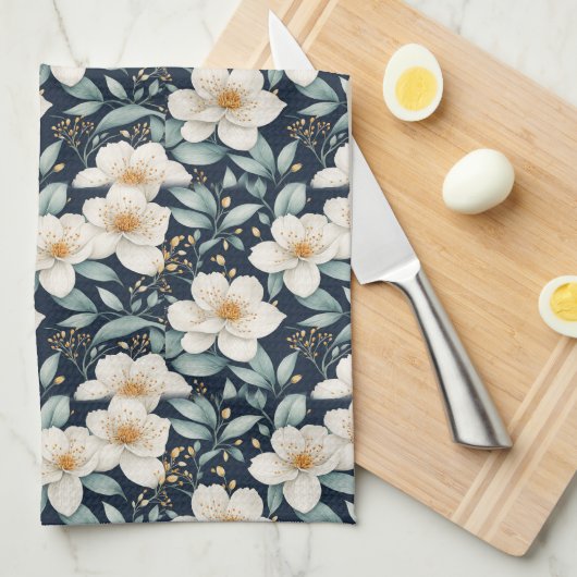 Witte bloesems theedoek (Quarter Fold)