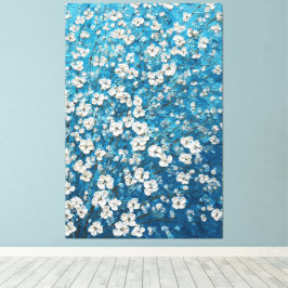 Witte bloesemtakken op blauwe abstracte wandkunst canvas afdruk