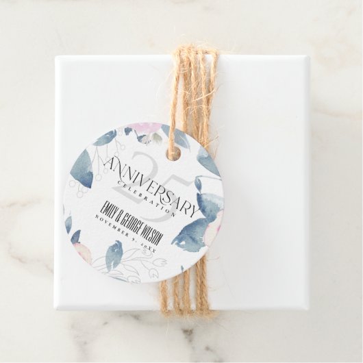 WITTE BLUSH BLAUWE BLOEMEN 25E ELK JAAR JUBILEUM BEDANKJES LABELS (In situ)