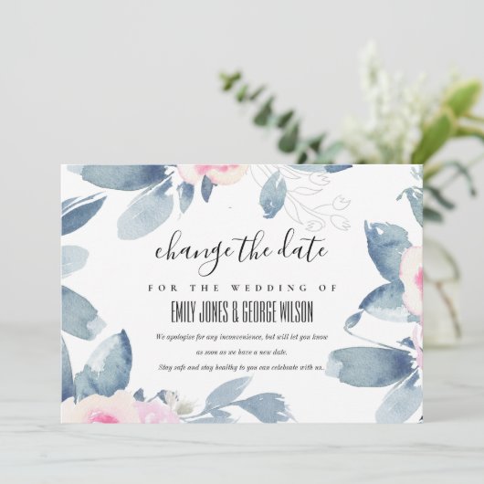 WITTE BLUSH BLAUWE FLORAL WEDDING VERANDERT DE DAT KAART (Staand voorkant)