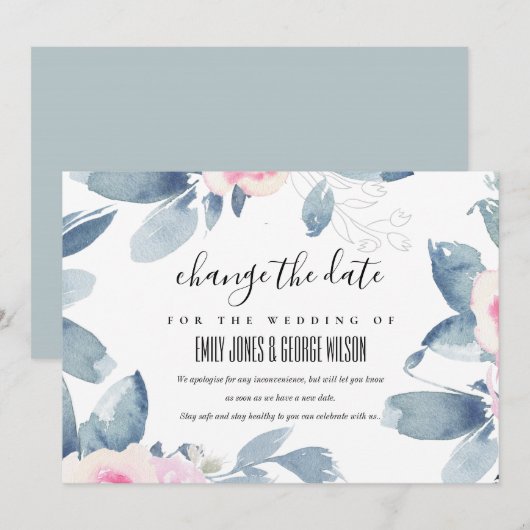 WITTE BLUSH BLAUWE FLORAL WEDDING VERANDERT DE DAT KAART (Voorkant / Achterkant)