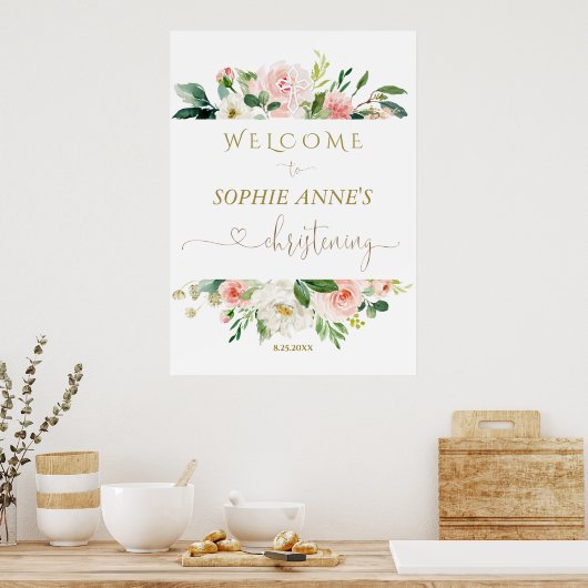 Witte Blush Bloem Gouden Doop Welkom Bord Poster (Keuken)