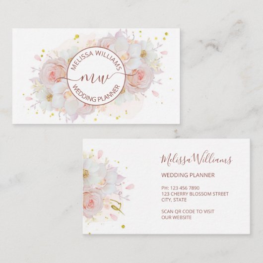 Witte Blush Bloemen Logo Initialen Visitekaartje (Voorkant / Achterkant)