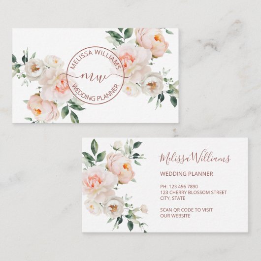 Witte Blush Bloemen Logo Initialen Visitekaartje (Voorkant / Achterkant)
