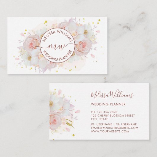Witte Blush Bloemen Logo Initialen Visitekaartje (Voorkant / Achterkant)