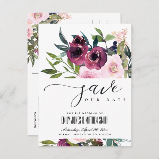 WITTE BLUSH BURGUNDY FLORAL BUNCH BEWAREN DE DATUM AANKONDIGINGSKAART (Voorkant / Achterkant)