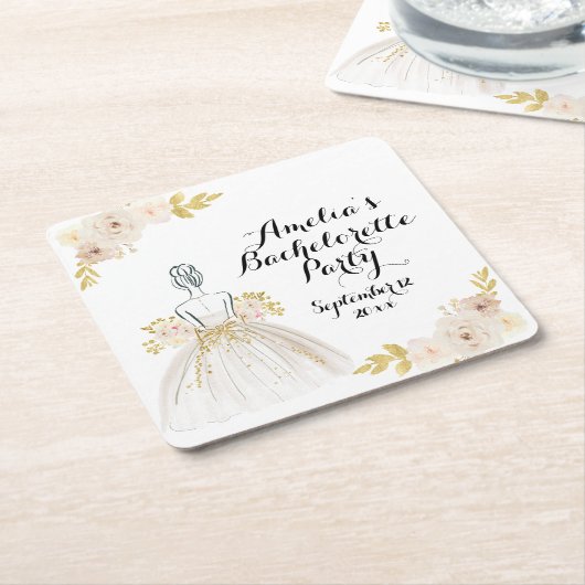 Witte Blush Gouden Glitter Jurk Bachelorette Feest Kartonnen Onderzetters (Schuin)