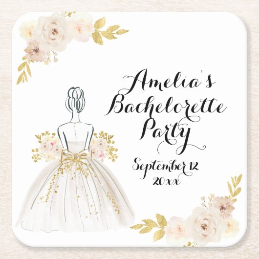 Witte Blush Gouden Glitter Jurk Bachelorette Feest Kartonnen Onderzetters (Voorkant)