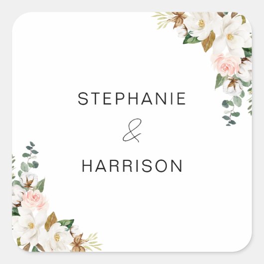 Witte Blush Magnolia Bloemen Bruiloft Envelop Afdi Vierkante Sticker (Voorkant)