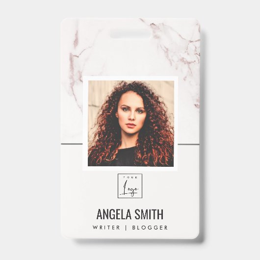 WITTE BLUSH MARMER TEXTUUR WERKNEMER FOTO BARCODE BADGE (Voorzijde)