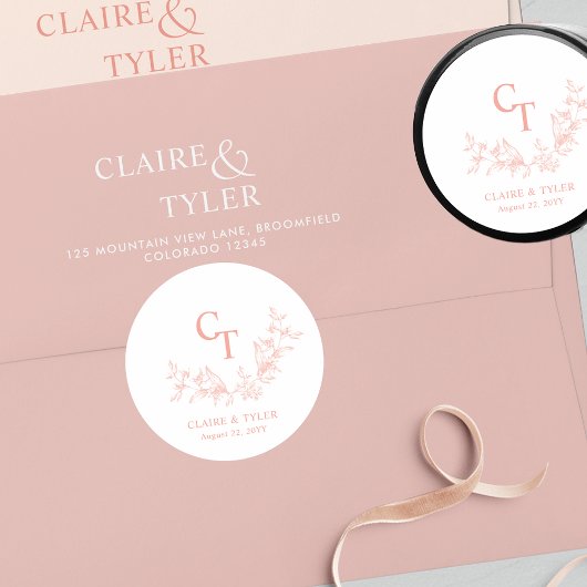 Witte, Blush, Perzik Bruiloft Envelop Seal / Favor Ronde Sticker