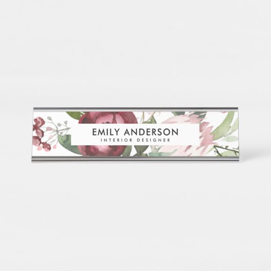 WITTE BLUSH PINK BURGUNDY PROTEA FLORAL WATERVERF BUREAU NAAMBORDJE (Voorkant)