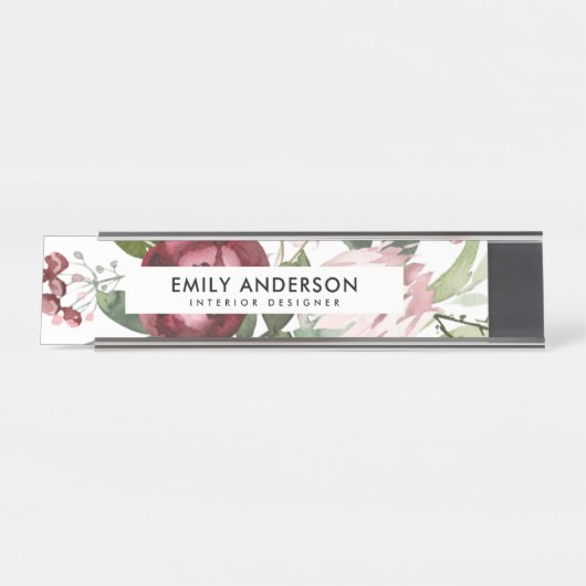 WITTE BLUSH PINK BURGUNDY PROTEA FLORAL WATERVERF BUREAU NAAMBORDJE (Voorkant)