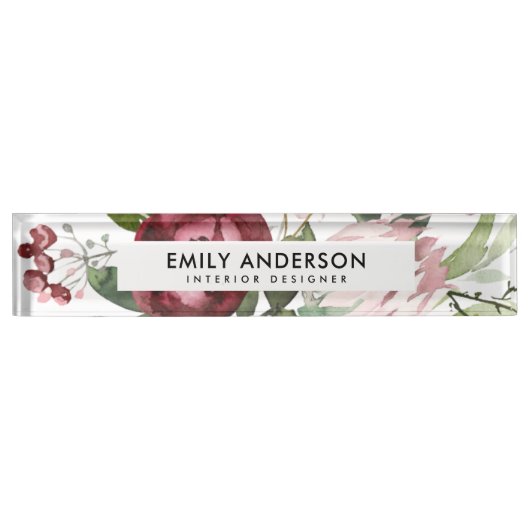 WITTE BLUSH PINK BURGUNDY PROTEA FLORAL WATERVERF NAAMBORDJE (Voorkant)