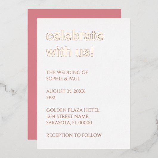 Witte Blush Roze Bruiloft Roos Gouden Folie Invita Folie Uitnodiging (Voorkant / Achterkant)