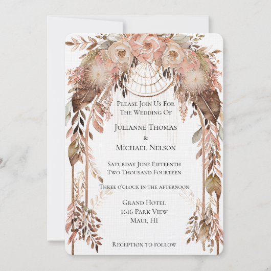 Witte Blush Roze Crème Boho Bloemen Trouwboog Kaart (Voorkant)