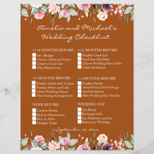 Witte Blush Rozen Terracotta Bruiloft Checklist (Voorkant)