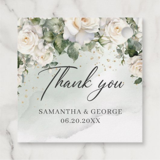 Witte boheemse rozen en eucalyptus groenbladeren bedankjes labels (Achterkant)