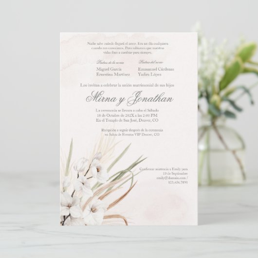 Witte Boho Beige Spaanse bruiloft uitnodiging (Staand voorkant)