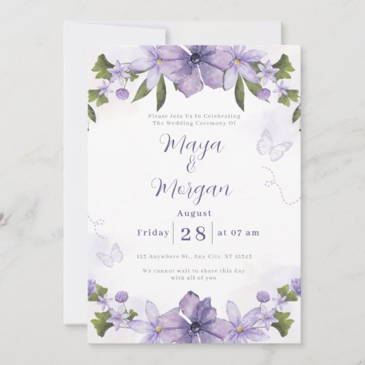 Witte Boho Bloemen Paarse Trouw Uitnodiging (Voorkant)