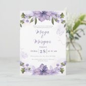 Witte Boho Bloemen Paarse Trouw Uitnodiging (Staand voorkant)