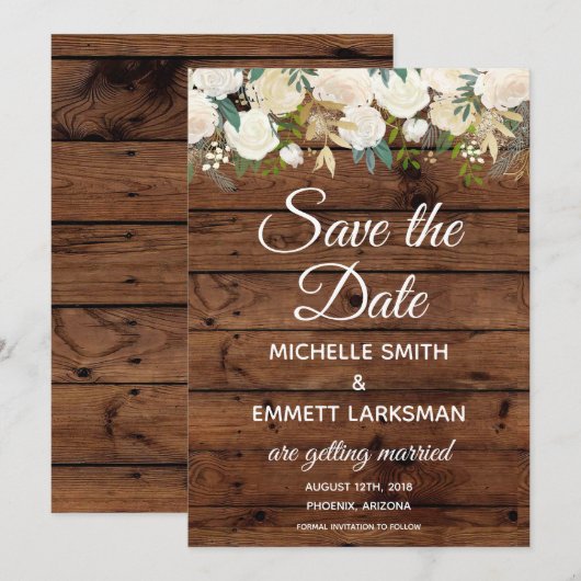Witte Boho Bloemen Rustiek Goud Save the Date Kaart (Voorkant / Achterkant)