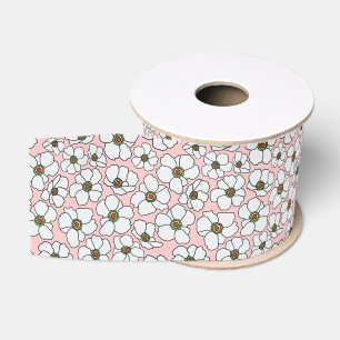 Witte Boho Bloemenprint op Roze Grosgrain Lint