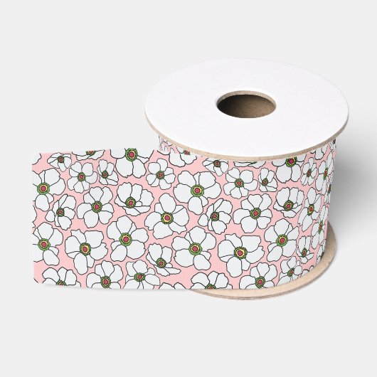 Witte Boho Bloemenprint op Roze Grosgrain Lint (Spoel)