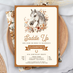 Witte Boho Bloemige Paard Cowgirl Verjaardagsfeest Kaart