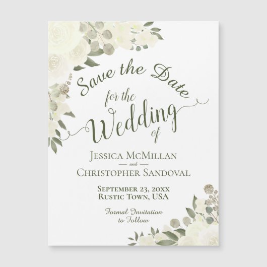 Witte Boho Bloemige Save the Date Calligrafie Magn (Voorkant)