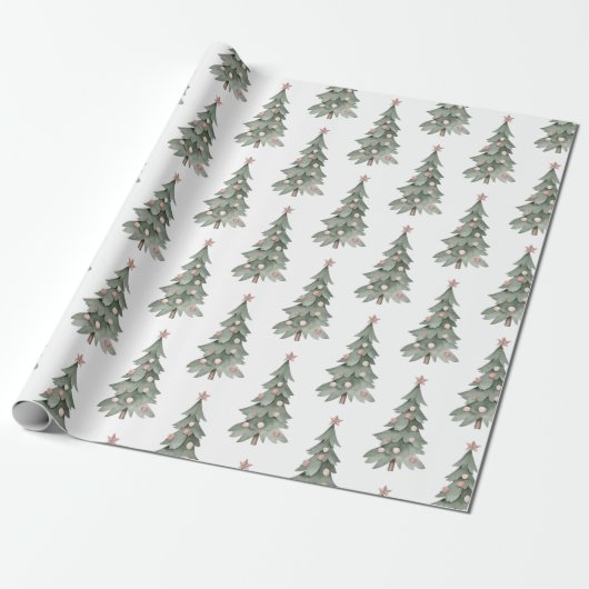 Witte Boho Blush Roze Groene Kerstboom Cadeaupapier (Uitgerold)