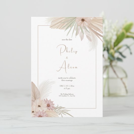 Witte Boho Botanische Bruiloft Kaart (Staand voorkant)