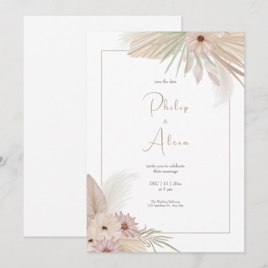 Witte Boho Botanische Bruiloft Kaart (Voorkant / Achterkant)