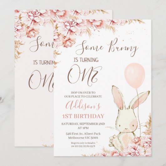 Witte Boho konijnenballon 1e verjaardag Kaart (Voorkant / Achterkant)