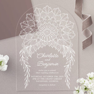 Witte Boho Mandala Bladrijke Wingerd Trouwfeest Acryl Uitnodigingen