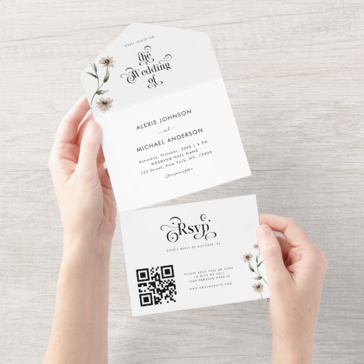 Witte Boho Retro Typografie Wilde Bloemen QR Code All In One Uitnodiging (Afscheurbaar)
