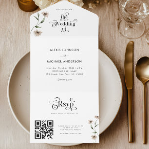 Witte Boho Retro Typografie Wilde Bloemen QR Code All In One Uitnodiging
