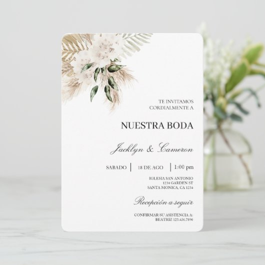 Witte Boho Spaanse bruiloft uitnodiging (Staand voorkant)