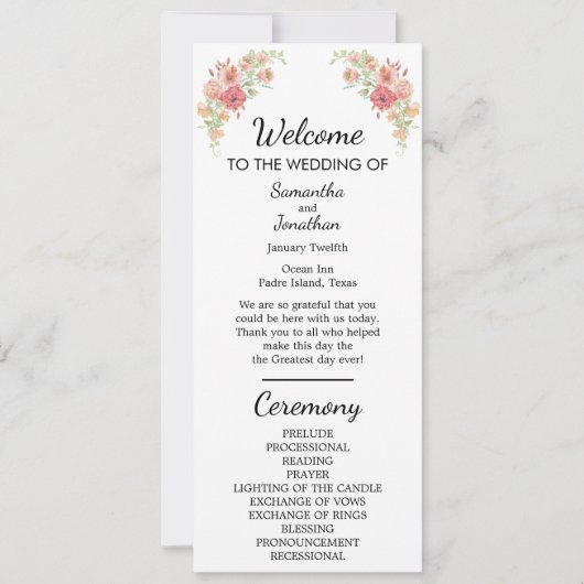 Witte Boho Waterverf Bloemen Trouwprogramma Kaart (Voorkant)