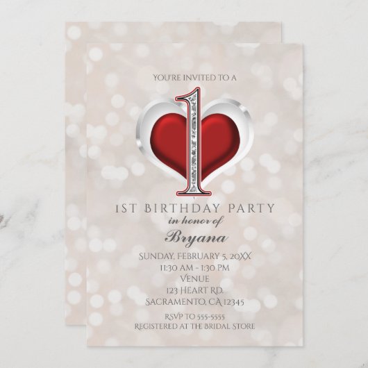 Witte Bokeh & Rode Valentijn Glam 1e verjaardag Kaart (Voorkant / Achterkant)