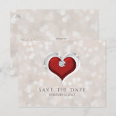 Witte Bokeh & Roode Valentijnshart Save the Date Aankondigingskaart (Voorkant / Achterkant)