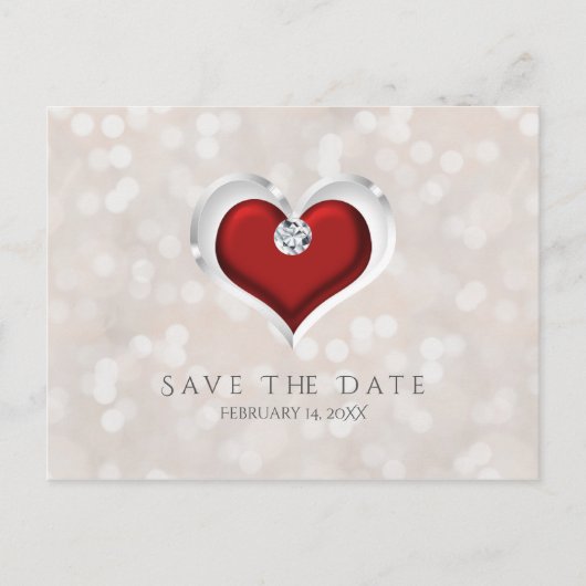 Witte Bokeh & Roode Valentijnshart Save the Date Aankondigingskaart (Voorkant)