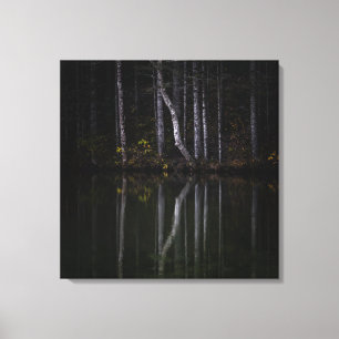 Witte bomen die in het meer reflecteren canvas afdruk
