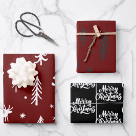 Witte Bomen Illustraties Rood Kerstmispatroon Inpakpapier Vel