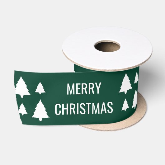 Witte bomen met Kerstmis tekst op groen Satijnen Lint (Spoel)