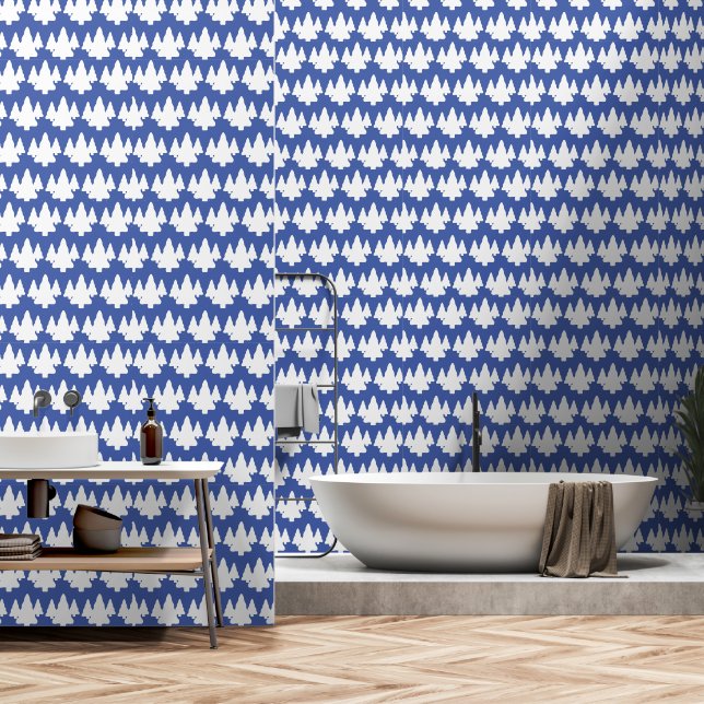 Witte bomen op blauw accent behang (Badkamer)